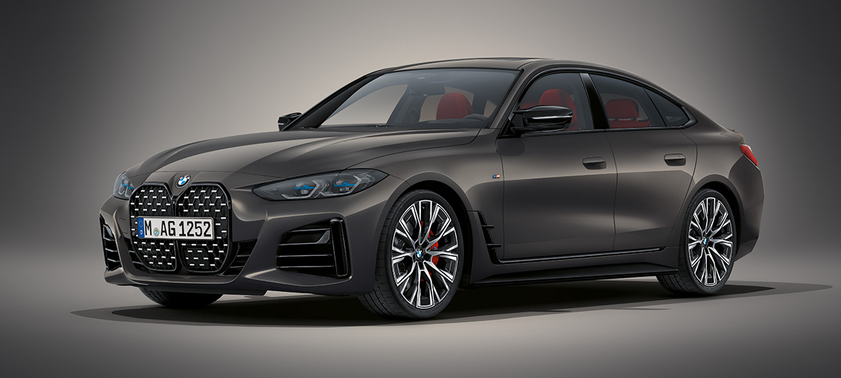 BMW 4er Gran Coupé G26 2021 BMW Individual Dravitgrau metallic Dreiviertel-Frontansicht stehend