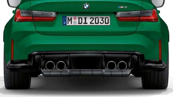 BMW M3 Limousine G80 2020 Isle of Man Grün Endrohrblenden in Chrom Heckansicht